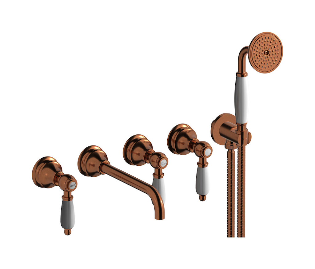Настенный смеситель для ванной на 5 отверстий с дивертером и душевым гарнитуром. WE ARE IB hl398rr_2 Antique Copper Hermes