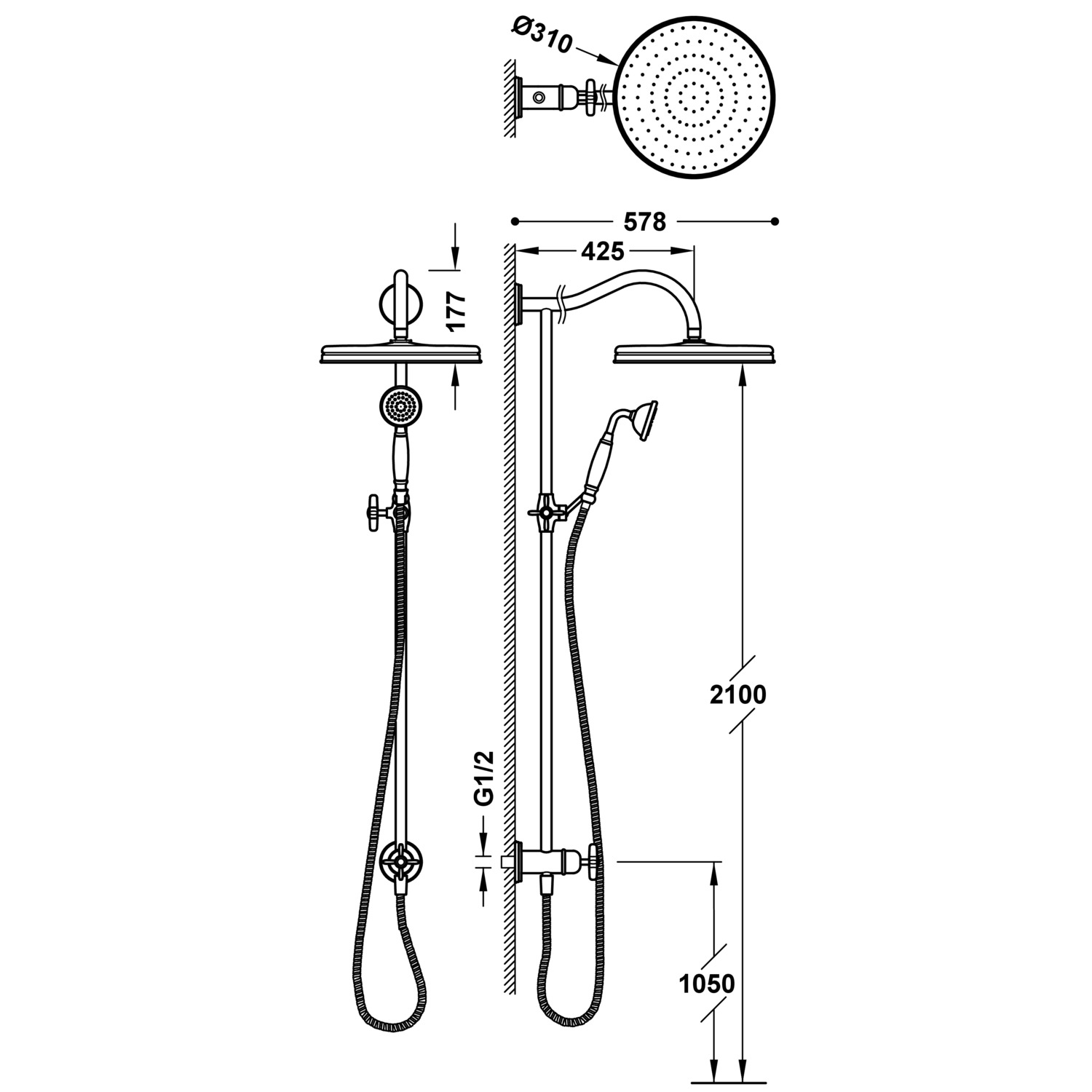 Набор душевой планки TRES CLASIC без смесителя с настенной подачей воды и насадкой для душа-24247602LV TRES  - Вид №1
