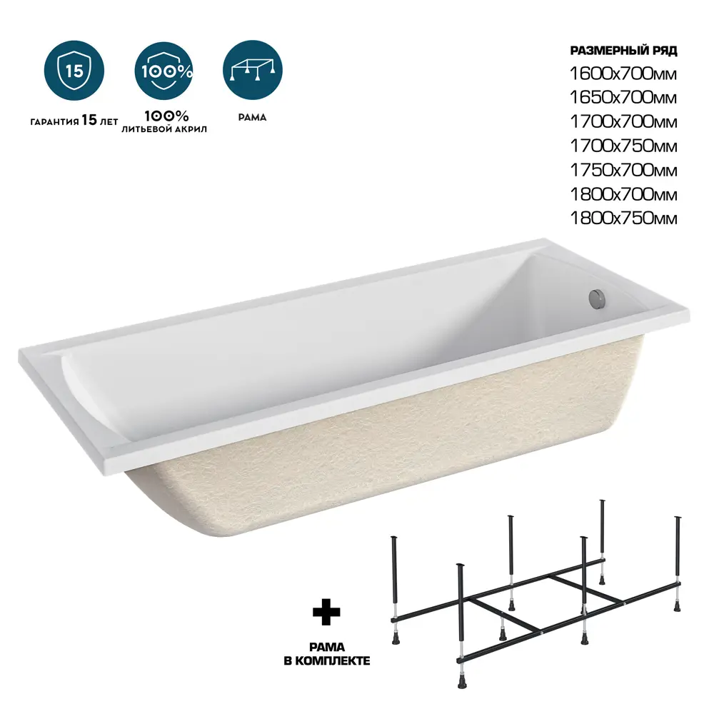 Ванна 100Acryl Ницца акриловая 170x75 см ножки в комплекте У99329 STLM-2056597 - Вид №2