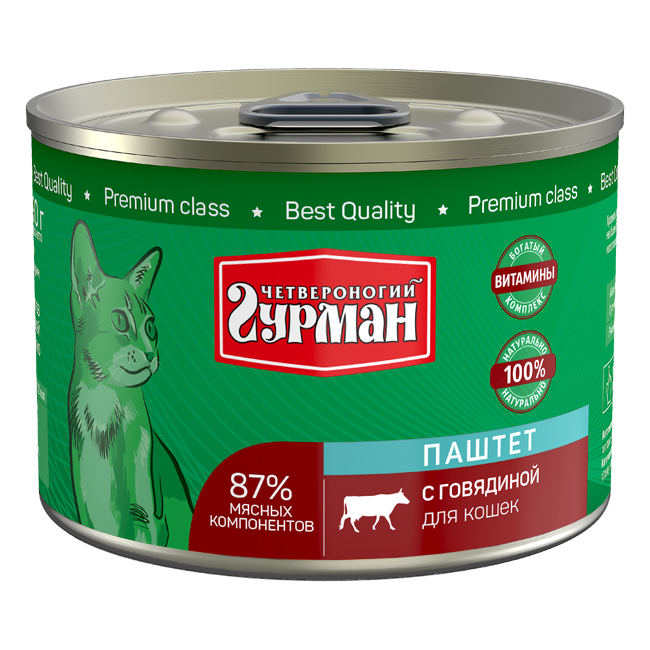 ПР0044934 Корм для кошек Говядина паштет конс.190г ЧЕТВЕРОНОГИЙ ГУРМАН 