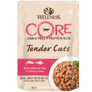 ПР0044886*24 Корм для кошек Core Tender Cuts нежные кусочки лосося и тунца в пикантном соусе пауч 85г (упаковка - 24 шт) Wellness