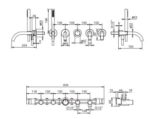 Настенный набор для ванны с 5 отверстиями и ручным душем