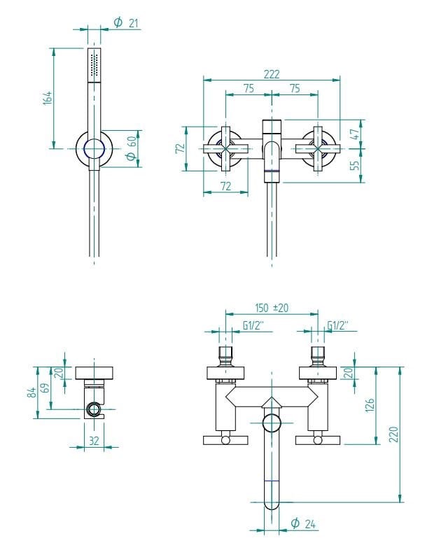 Настенный набор для ванны с 3 отверстиями и ручным душем Zazzeri Da-Da ARCH-00090617 - Вид №1