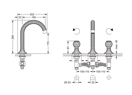 Смеситель для раковины на три отверстия ½" JOERGER Cronos Crystal 637.30.300.000-AA - Вид №1