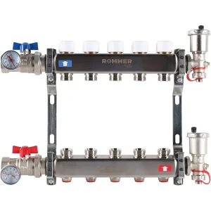 Коллектор в сборе для радиаторного отопления Rommer 1"x3/4" 5 выходов нержавеющая сталь RMS-3210-000005