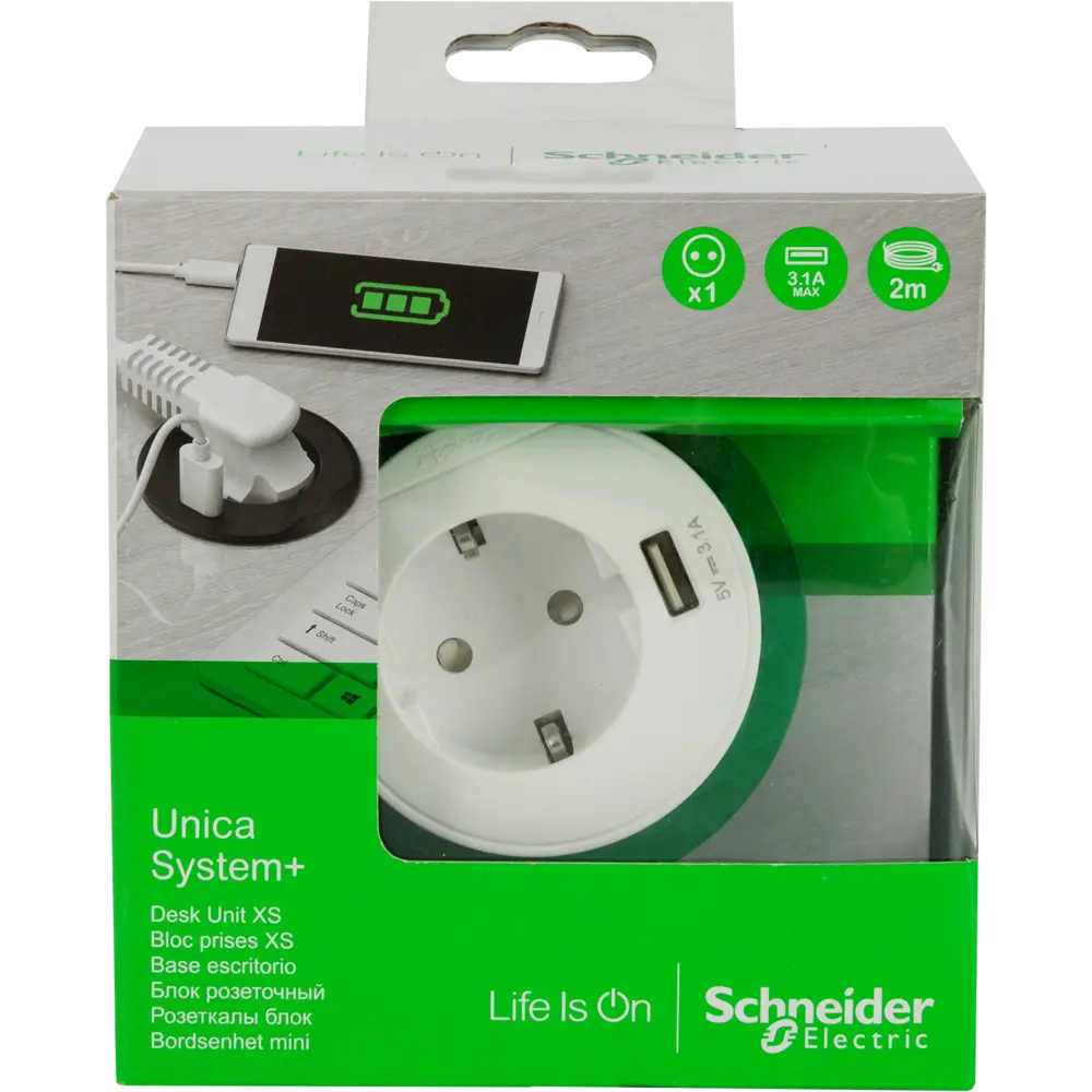 Розетка встраиваемая в столешницу Schneider Unica System 1 розетка с заземлением 1 USB 2 м 3670 Вт цвет белый SYSTEME ELECTRIC STLM-2196990 - Вид №5