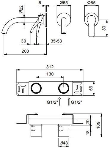 ABOUTWATER Смеситель для умывальника настенный на 2 отверстия Al/23 Fantini Rubinetti sun-id-1358602 - Вид №3