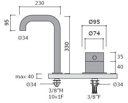 MINA Смеситель для умывальника на 2 отверстия, нержавеющая сталь Dimensione74 61734 - Вид №1