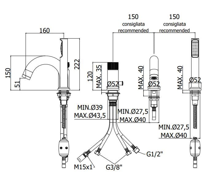 Смеситель для ванны с 3 отверстиями и ручным душем RUBINETTERIA PAFFONI Jo ARCH-00093348 - Вид №2