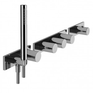 7314B+D214A  Термостатический встраиваемый смеситель для душа, 3/4''4 выпуска 3/4'' ручки ручная лейка SUN только для горизонтальной установки шланговое подсоединение с держателем для ручной лейки гибкий шланг 150 см ПВХ впуски 3/4'' Звукоизолированные N.