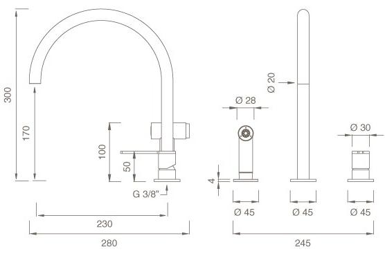 Ceadesign Смеситель для кухни на 3 отверстия из нержавеющей стали с вытяжным душем Innovo Inv 82 - Вид №1