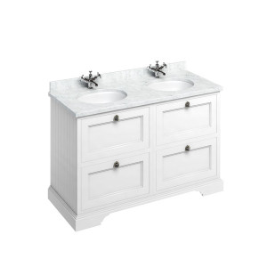 Burlington Отдельностоящий блок 130 со столешницей Carrara White, ящиками и 2 встроенными белыми раковинами Мэтт Уайт FC10W_BC12