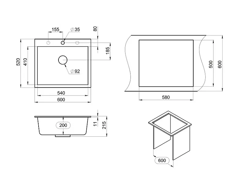 6001, ГРАФИТ (ЧЁРНО-СЕРЫЙ), кухонная мойка, кварц GRANULA 6001-ST130 - Вид №3
