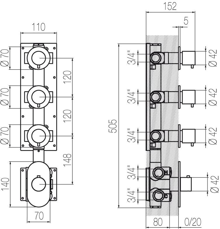 Radomonte Настенный термостатический смеситель с трехходовым коллектором Hiro Hir56 - Вид №1