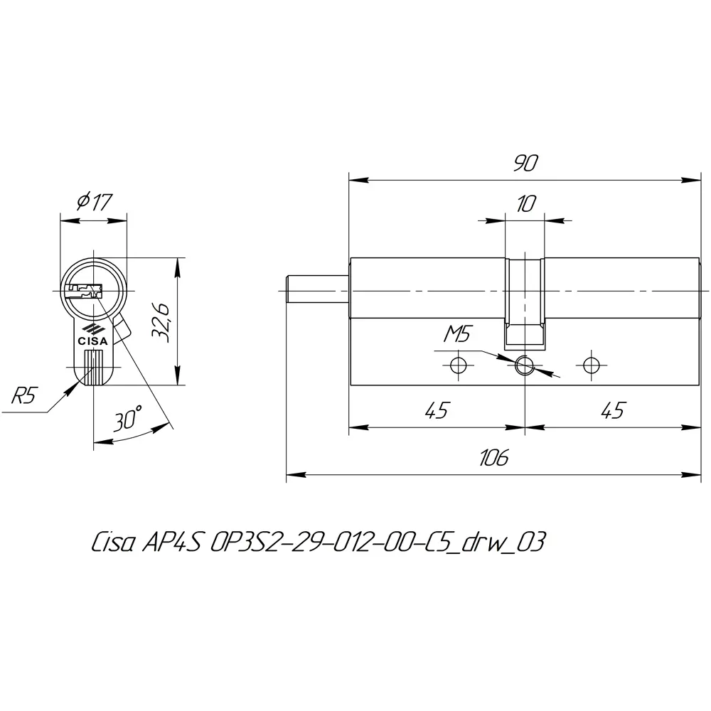 Цилиндр Cisa AP4S 0P3S2-29.12, 40x10x40 мм, ключ/шток, цвет никель, без вертушки STLM-2000535 - Вид №4