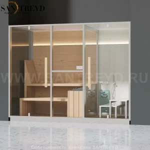 Effegibi MID LO70020004 Комбинированная баня: хаммам - душ и сауна. Установка: в нишу. Мощность: 11 кВт макс. Размеры: длина 300 см, ширина 137 см. Отделка: канадский хемлок, матовый лакированный коричневый аллюминий и темный ламинат из керамогранита.