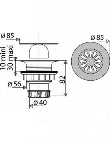 575100 000 00  Сифон для душевого поддона Д. 60 мм, диаметр решетки 85 мм, выход вертикальный, нержавеющая сталь Valentin Хром  - Вид №2