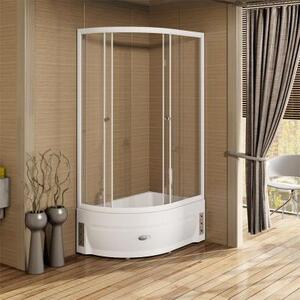 Душевой угол 120х80 (высокий поддон), (левое исполнение), стеклянные шторки (прозрачные) (2 дверцы), поддон на раме-подставке с устройством слива, фронтальная панель, профиль белый