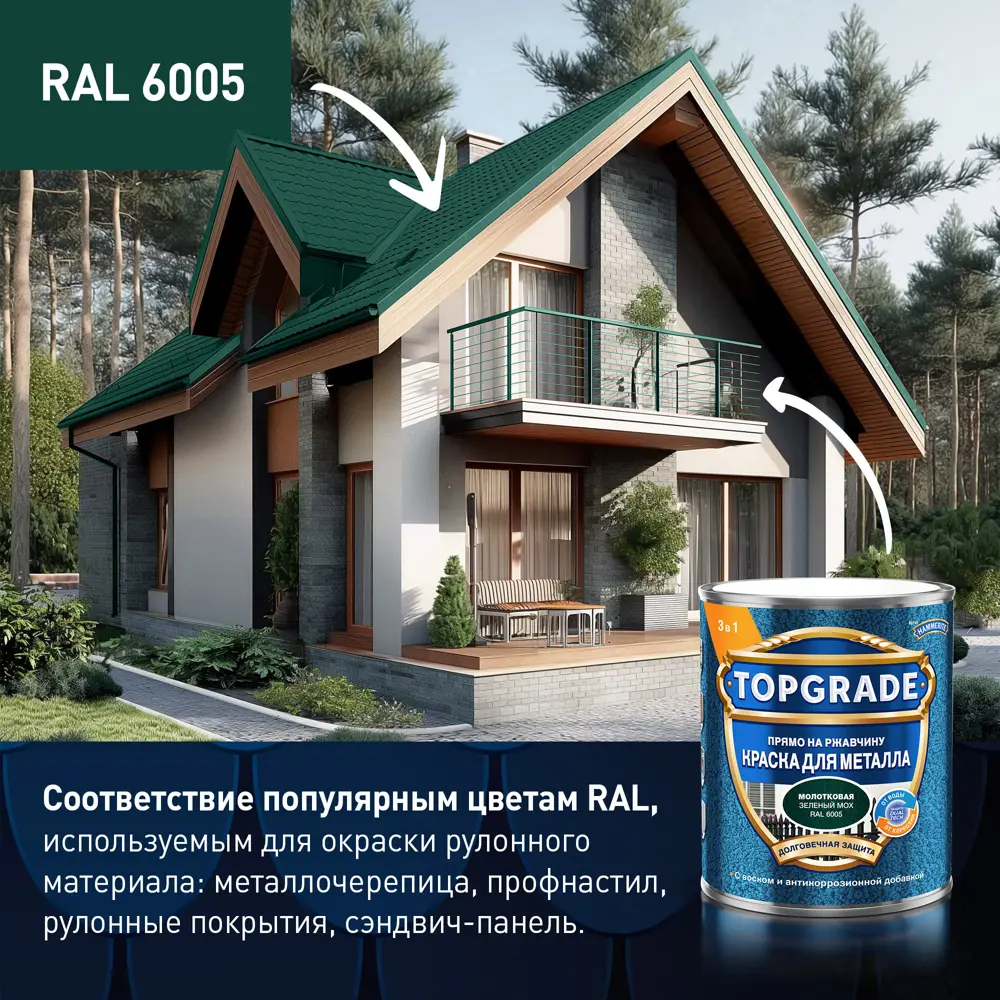 Грунт-эмаль по металлу 3 в 1 Topgrade молотковая цвет зеленый мох 2 л STLM-2029101 - Вид №6