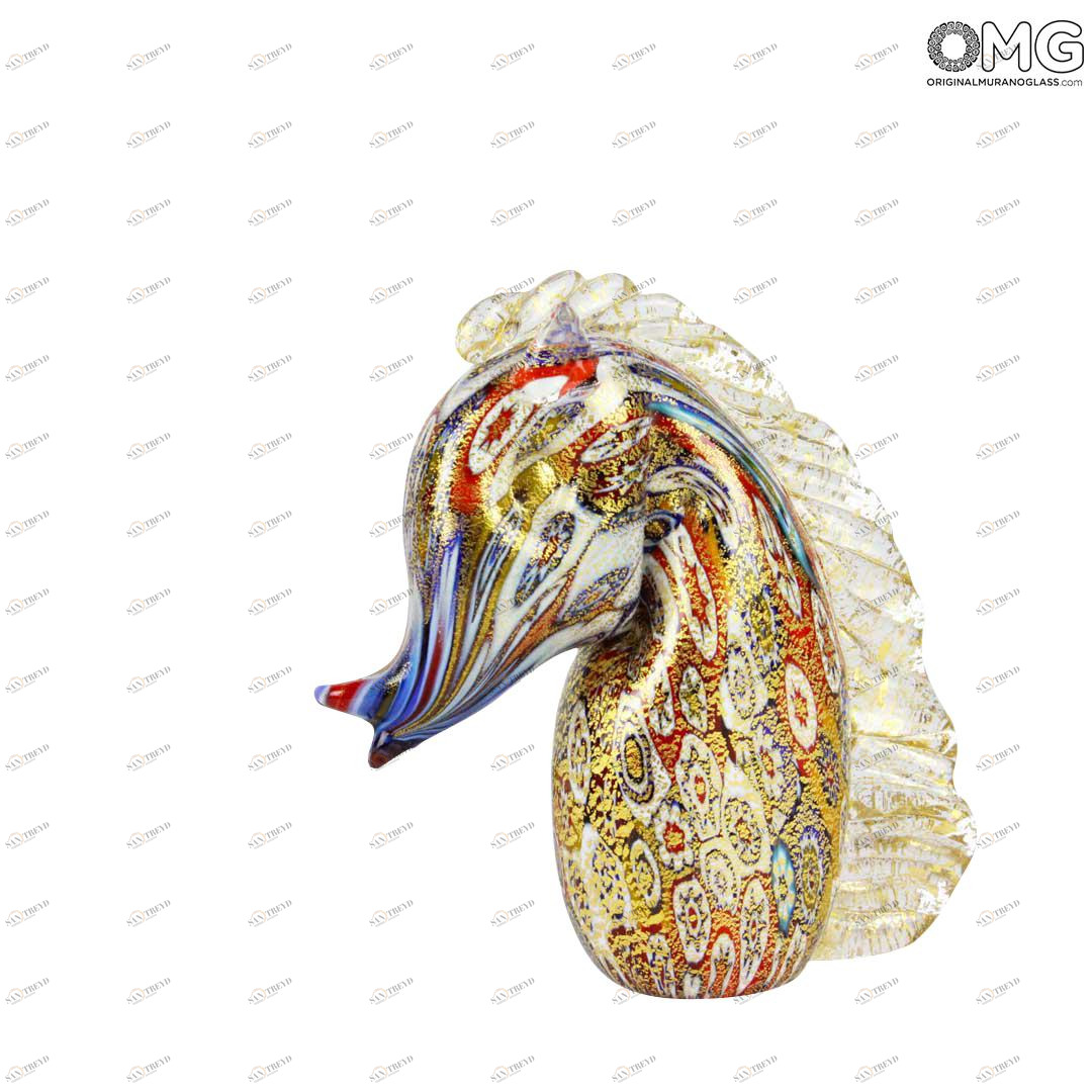 1414 ORIGINALMURANOGLASS Фигурка лошади Миллефиори Муррины золото - Cavallo Millefiori Oro - муранское стекло  см 