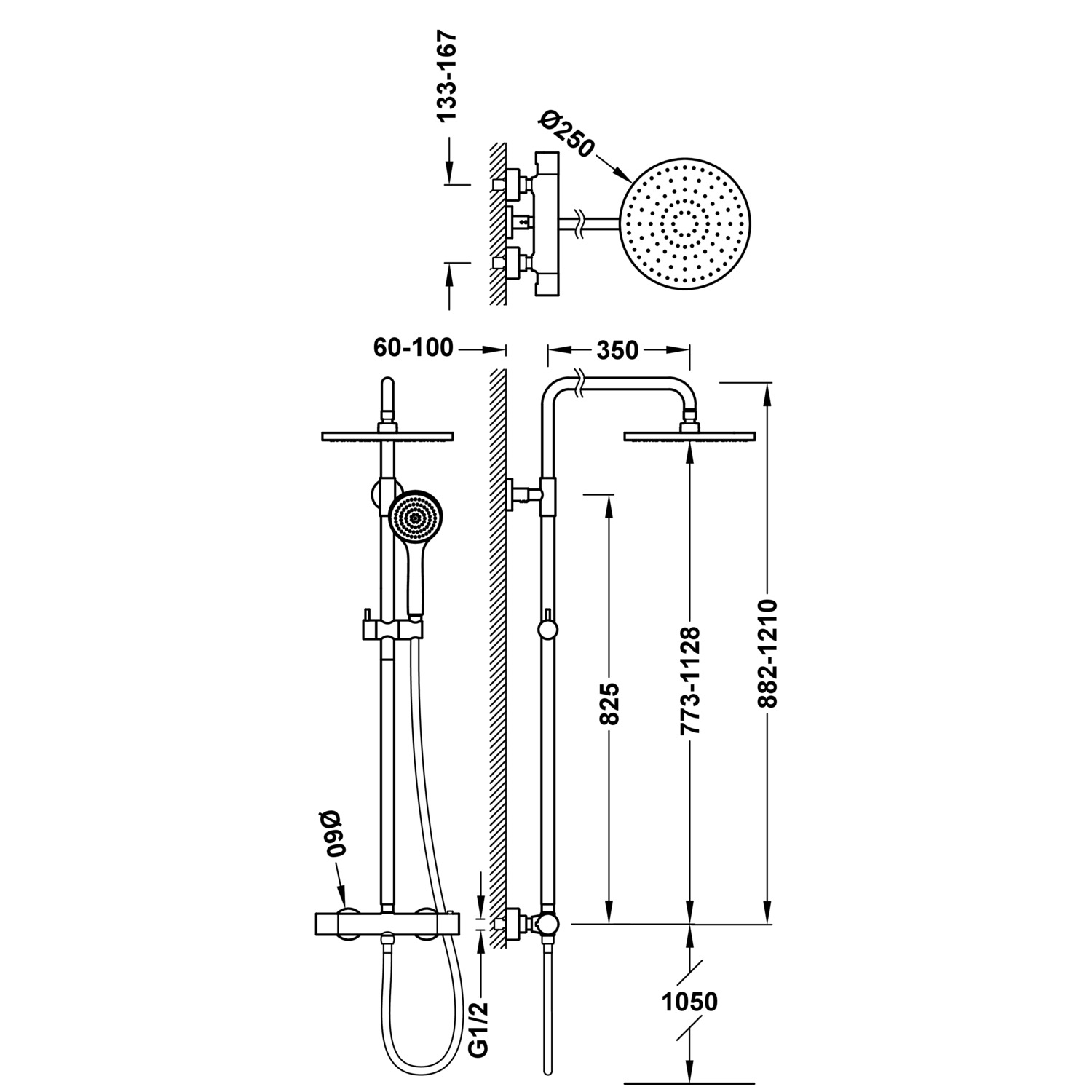 BASE PLUS 2-полосный настенный термостатический смеситель для душа с набором кранов-21639521 TRES - Вид №1