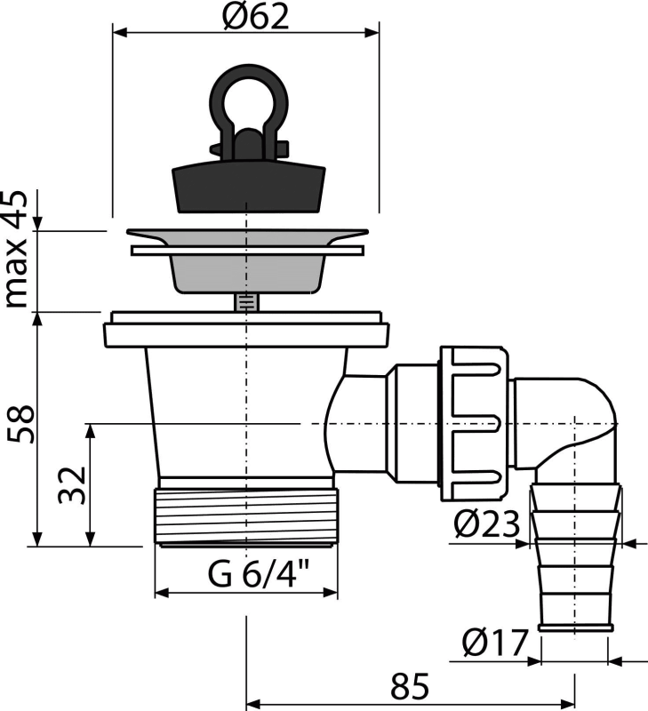 Донный клапан сифона для умывальника 6/4" с нержавеющей peшeткой DN63 и штуцером ALCAPLAST A31P - Вид №1