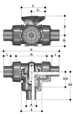 SANIT 755010106 3-ходовой шаровой клапан D 16-63, ТКД DualBlock®, PVC-U, Т-расточки цапф  - Вид №1