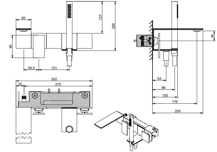 Набор настенных ванн из нержавеющей стали с ручным душем Rubinetterie Treemme 5 мм ARCH-00147281