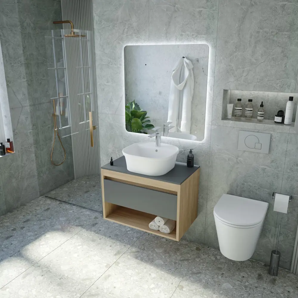 91786142 Комплект Teymi 3 в 1: Тумба Ritta 65 дуб эврика/графит матовый + раковина Solli 43 накладная / врезная с полочкой + смеситель Ellie хром F09098 STLM-1000800