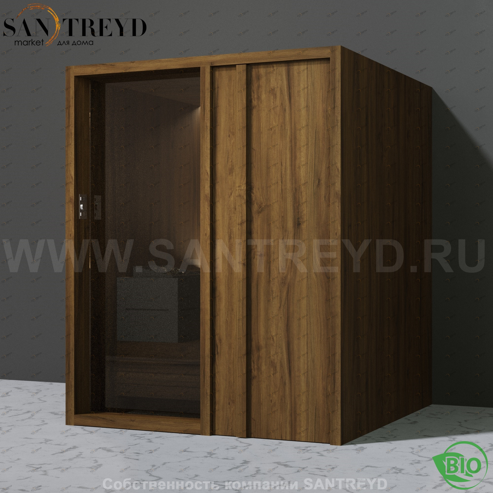 Effegibi YOKU.D60 BI.70200013 Био-сауна с правой дверью. Мощность: 6 кВт макс. Размеры: длина 174 см, ширина 170 см. Отделка: чёрный орех BI70200013