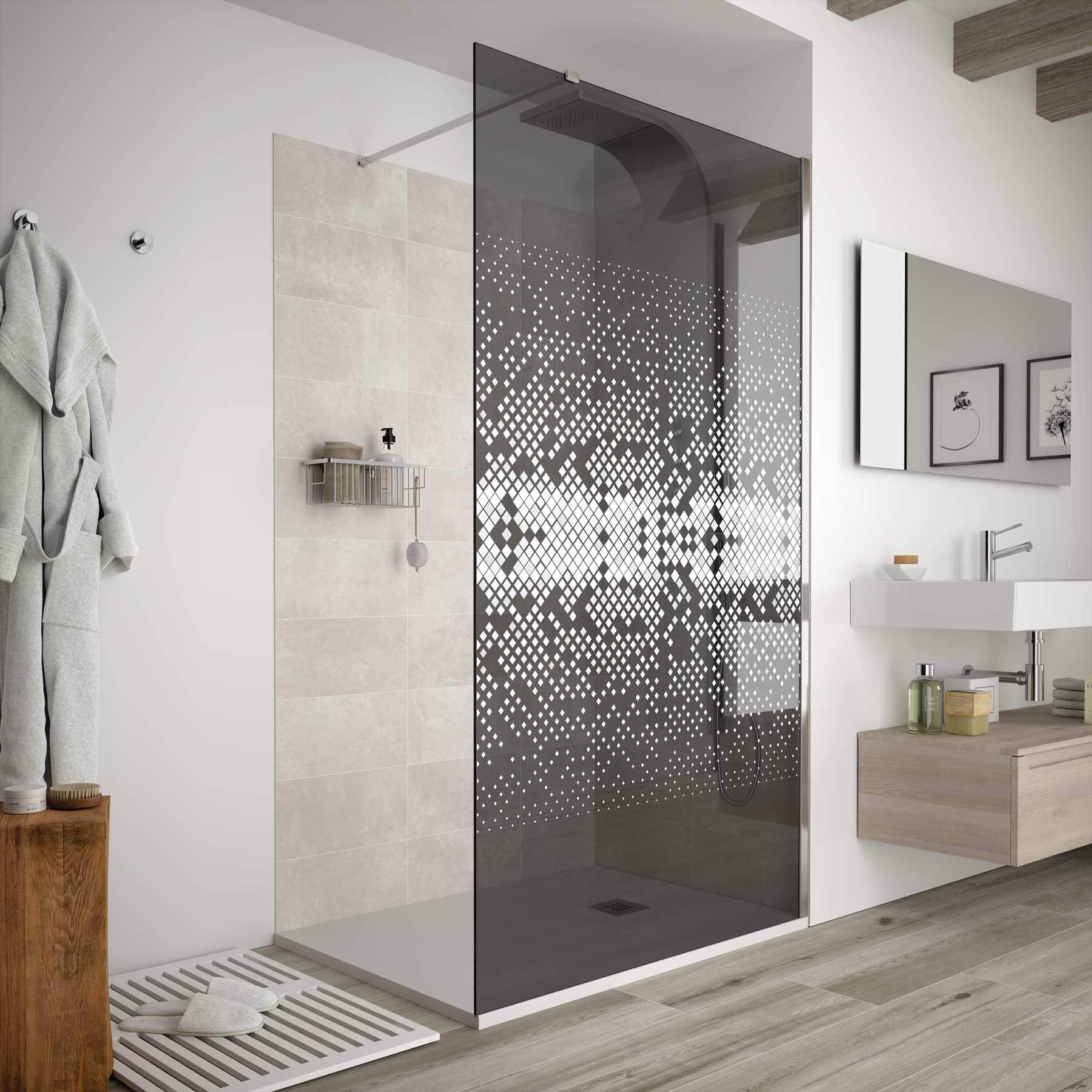 25713 SALGAR Душевая перегородка HEAVEN step-through с антиизвестковыми вставками Fumé Deco 4to 400x 1950 мм - Вид №1