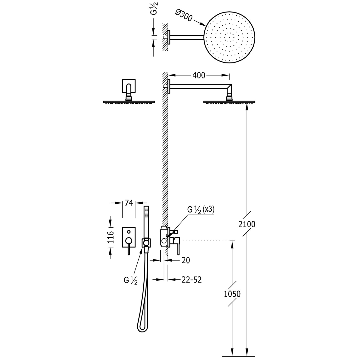 МАКСИМАЛЬНЫЙ комплект 2-ходового скрытого смесителя для душа с одной ручкой-06298001 TRES  - Вид №1