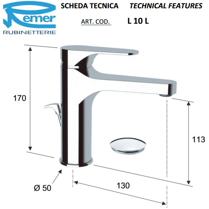 Remer Rubinetterie Смеситель для умывальника, однорычажный Class line L 10 l - Вид №2