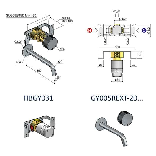Латунный настенный смеситель для раковины с 2 отверстиями Hotbath Guy ARCH-00135772 - Вид №2