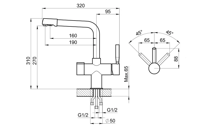 2088, АЛЮМИНИУМ, СМЕСИТЕЛЬ КУХОННЫЙ GRANULA 2088-ST48 - Вид №2