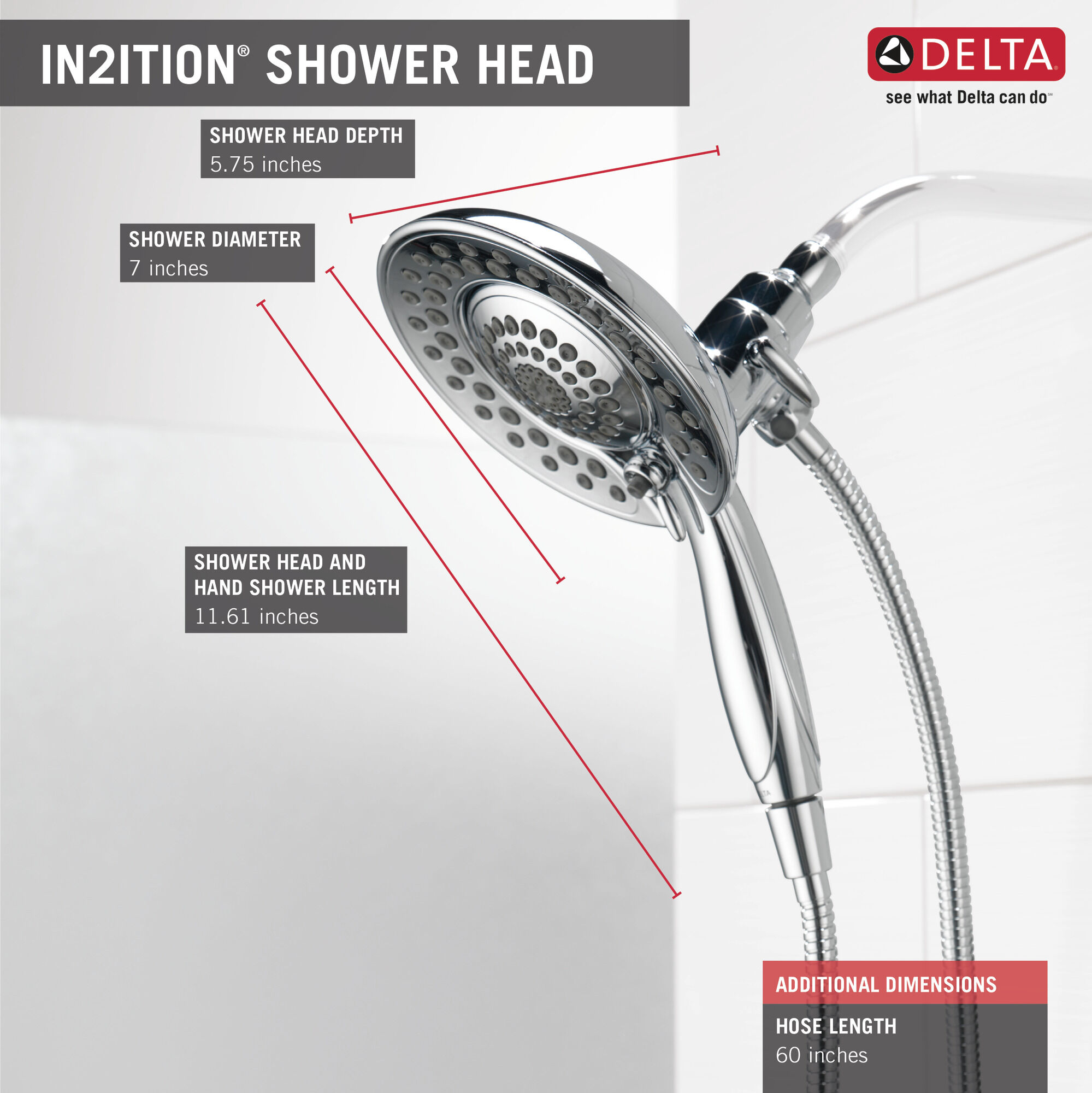 58569-PK In2ition® Душ 2 в 1 с 5 настройками Delta Faucet Universal Showering Хром  - Вид №7