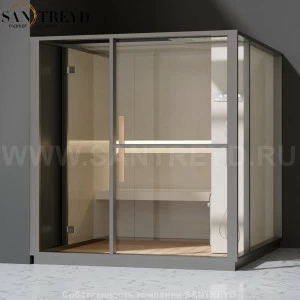 Effegibi LOGICA H LO30010005 Хаммам. Установка: в левый угол. Правая дверь. Мощность: 4,5 кВт макс. Размеры: длина 214 см, ширина 250 см. Отделка: матовый лакированный серый аллюминий и бежевый ламинат из керамогранита.