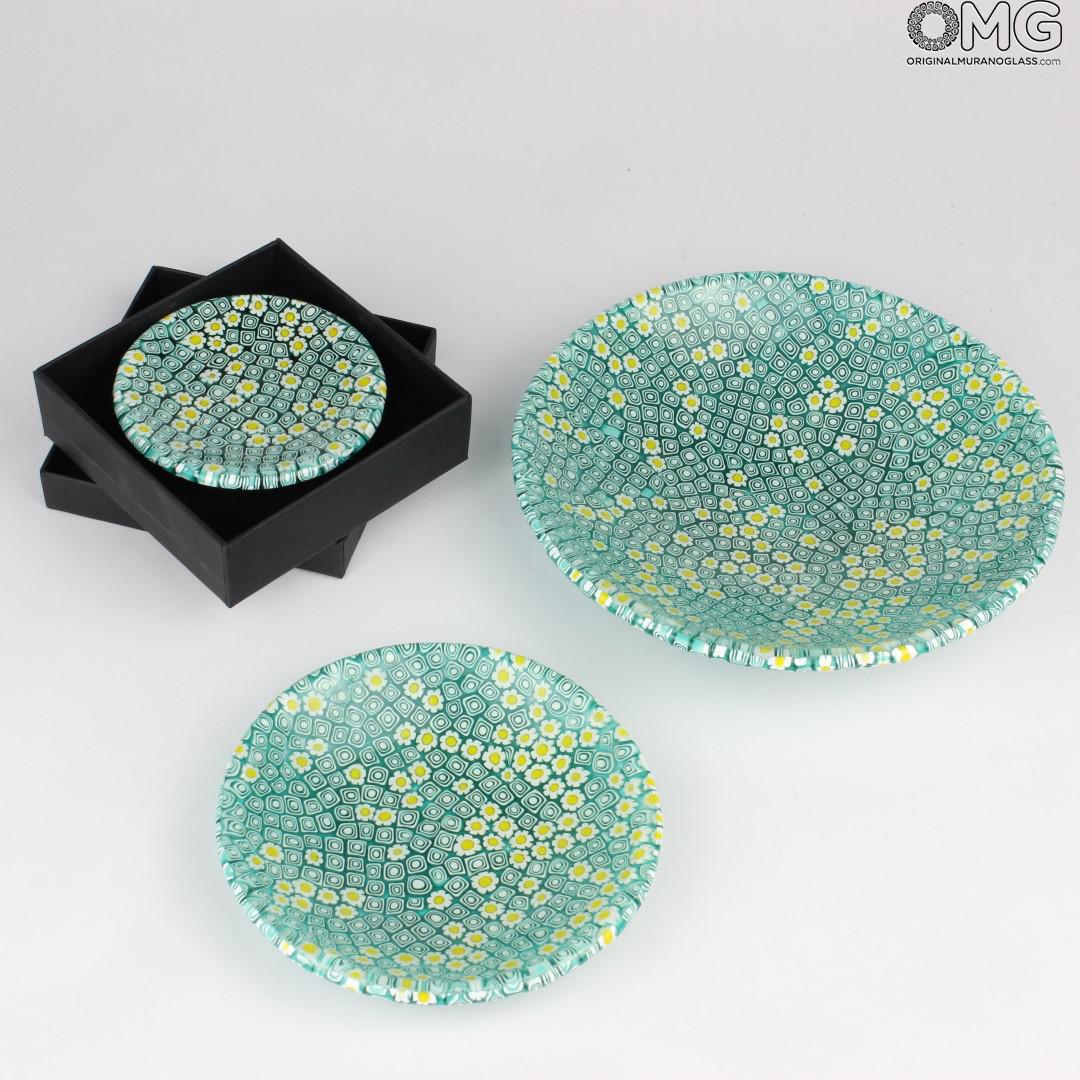 2112 ORIGINALMURANOGLASS Круглое зелёное блюдо Помпеи из муранского стекла с миллефиори - блюдце для мелочей- пепельница 8 см  - Вид №1
