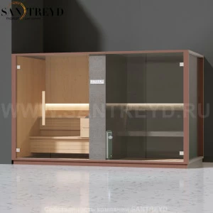 Effegibi LOGICA SH LO40030003 Комбинированная баня: хаммам и сауна. Установка: в левый угол. Мощность: 10,5 кВт макс. Размеры: длина 373 см, ширина 171 см. Отделка: канадский хемлок, матовый лакированный коричневый аллюминий и темный ламинат из керамогран
