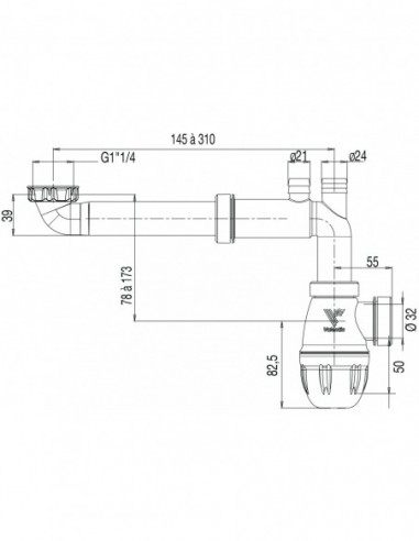 611100 001 03  Трубка Connectic для умывальника, слив Д. 32 мм, полностью регулируемый, NF, упаковка 50 шт. Valentin Белый  - Вид №3