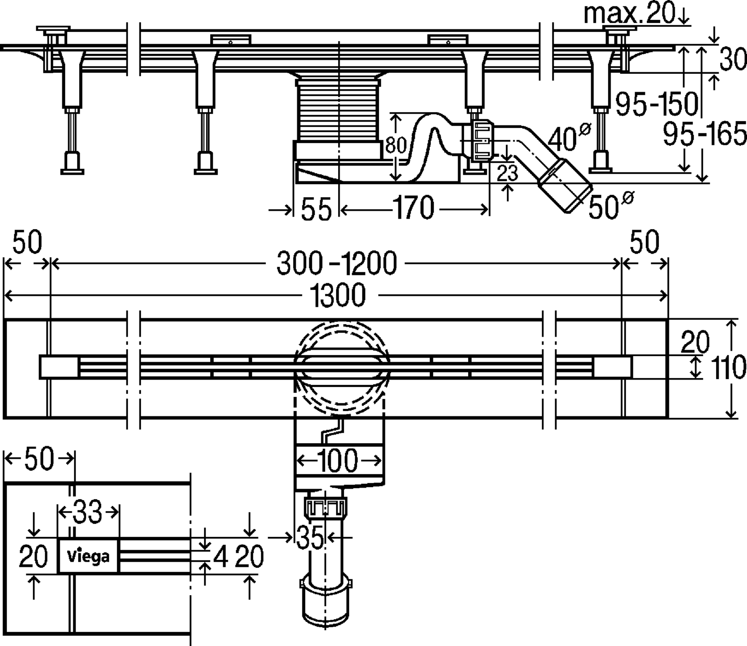 Канализационная арматура  Душевые лотки Advantix  Душевые лотки Advantix Vario  Монтажная высота от 95 мм VIEGA 704 360 Модель 4965.21 Santreyd  - Вид №2