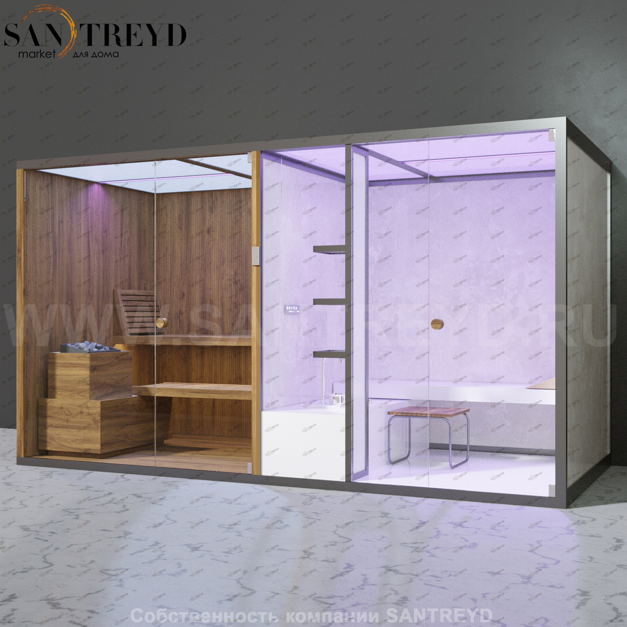 Effegibi BODYLOVE SH BL40210006 Фронтальная комбинированная баня: хаммам и сауна. Установка: к стене. Мощность: 15 кВт макс. Размеры: длина 393 см, ширина 176 см. Отделка: термообработанная древесина, светлый керамогранит и гладкая термообработанная древе