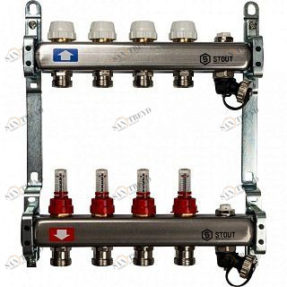 Коллектор из нерж. стали на 4 вых. с расходомерами, сливом и клапаном STOUT SMS0927000004