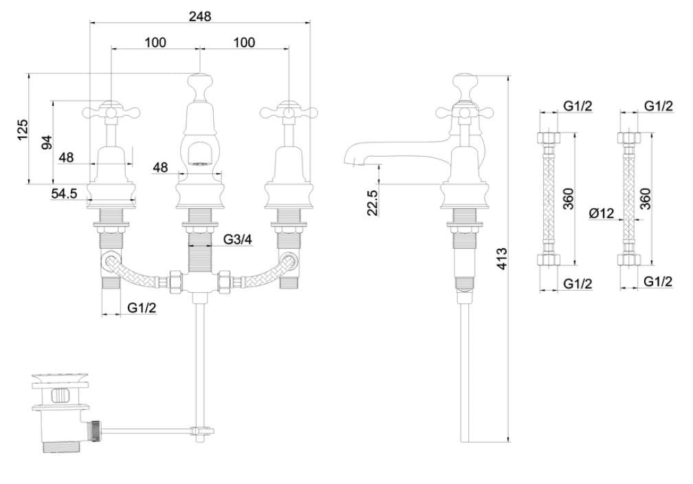 Смеситель для раковины с 3 отверстиями Burlington ANGLESEY REGENT ARCH-00027103 - Вид №5