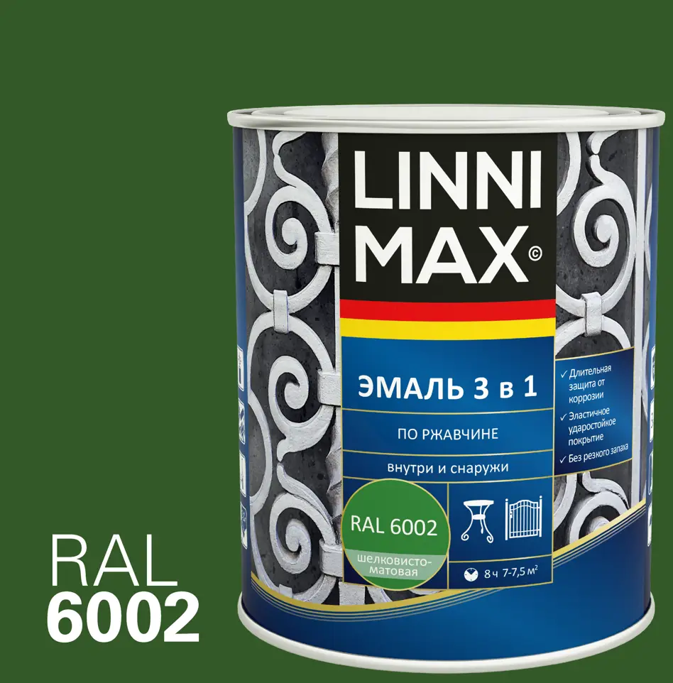 89349590 Грунт-эмаль по ржавчине 3 в 1 Linnimax цвет зеленый полуматовый 0.75 л STLM-0856205