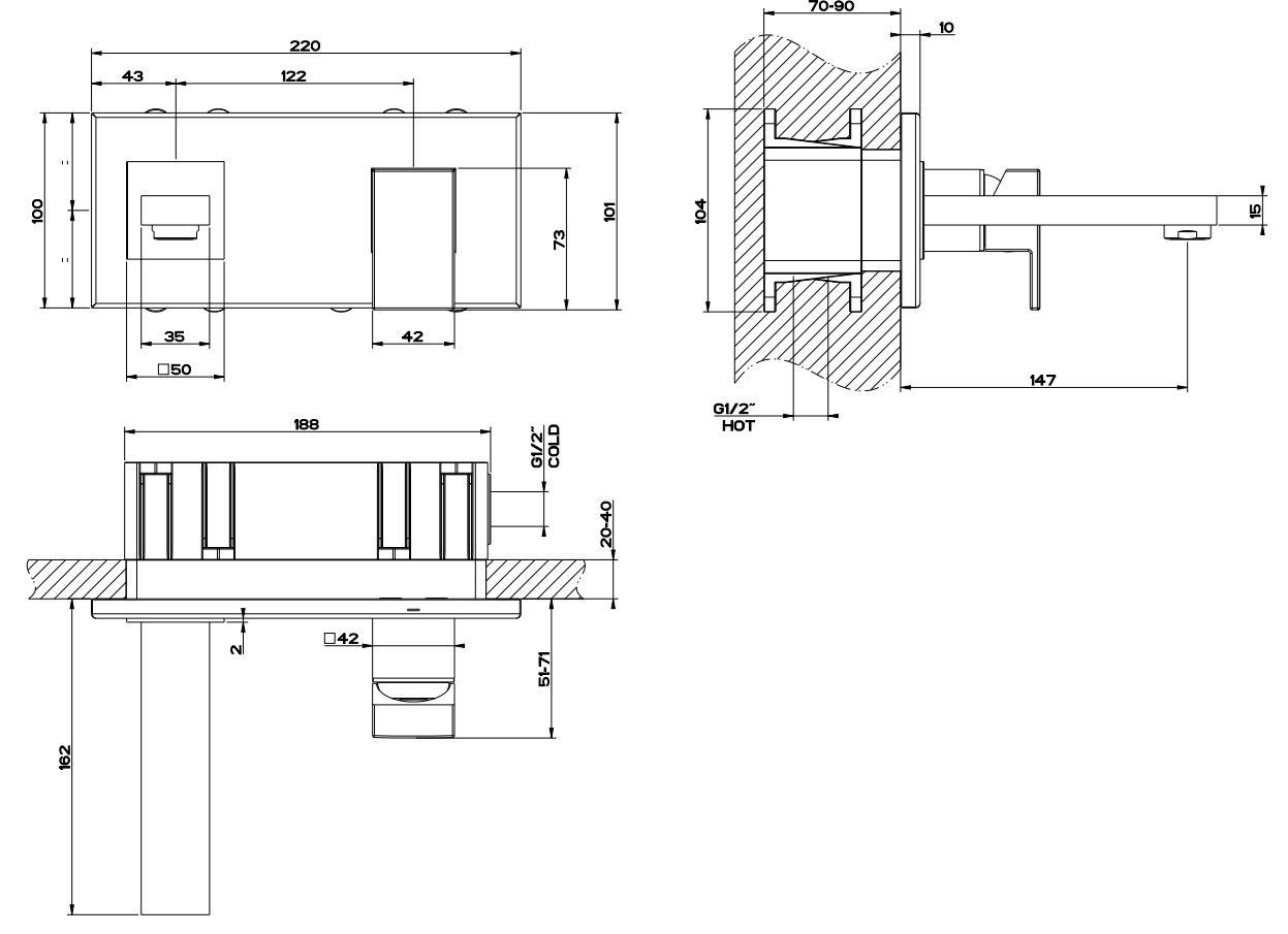 Латунный настенный смеситель для раковины с 2 отверстиями Gessi прямоугольник ARCH-00009880 - Вид №4