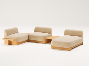 Угловой диван из ткани и дуба с шезлонгом