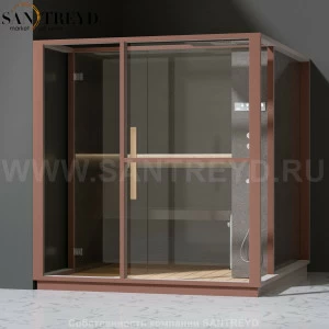 Effegibi LOGICA H LO30030005 Хаммам. Установка: в левый угол. Правая дверь. Мощность: 4,5 кВт макс. Размеры: длина 214 см, ширина 250 см. Отделка: матовый лакированный коричневый аллюминий и темный ламинат из керамогранита.