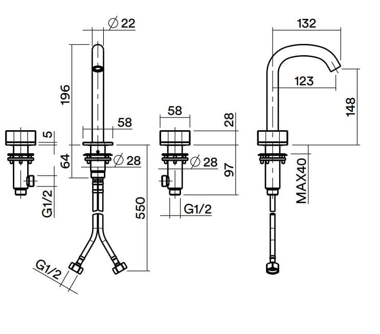 Смеситель для раковины с 3 отверстиями из нержавеющей стали Quadrodesign супер ARCH-00032891 - Вид №2