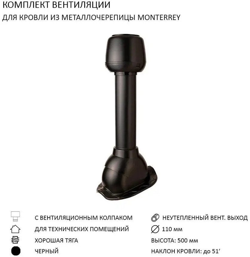 90757719 Колпак Polivent D110 с вентиляционным выходом 110 мм для металлочерепицы Monterrey цвет черный STLM-0370475